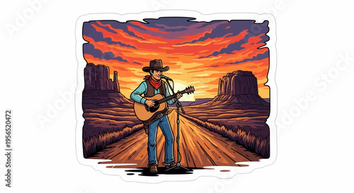 Cowboy singing and playing guitar in a desert landscape at sunset illustration