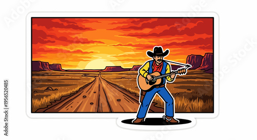 Cowboy playing guitar in a western desert sunset