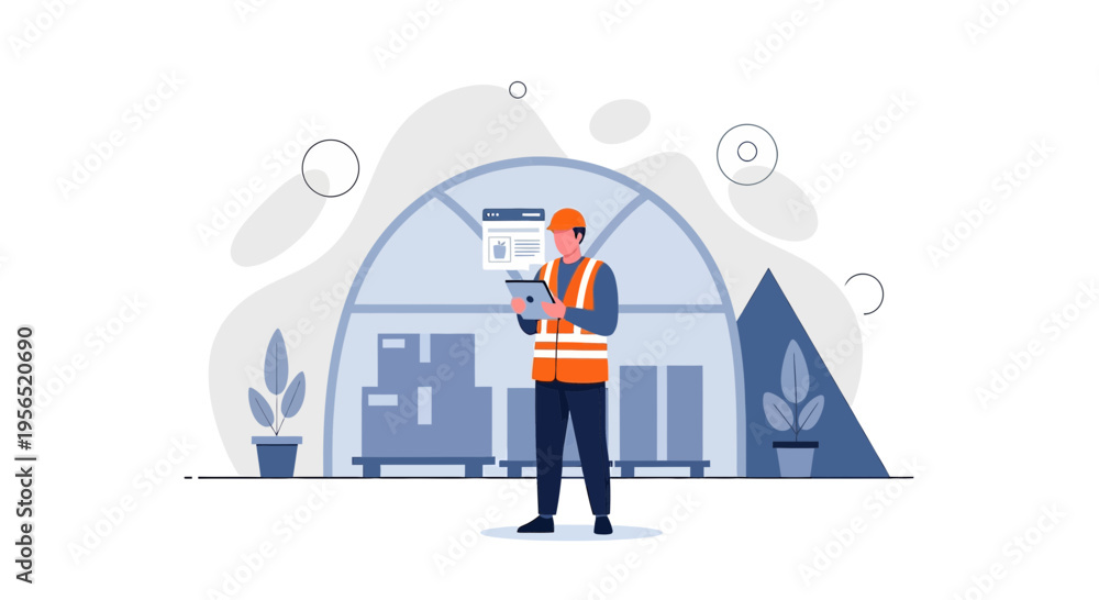 Fototapeta premium Warehouse worker using tablet for inventory control and logistics management, focusing on