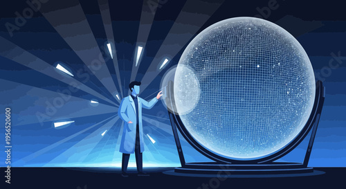 Visionary scientist interacting with futuristic interface using advanced technology platform