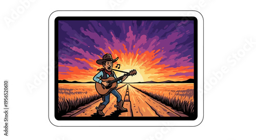 Singing Cowboy on a Lonesome Road at Sunset with Acoustic Guitar