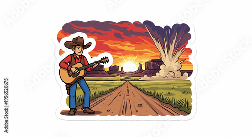 Cartoon cowboy playing guitar on a desert road at sunset with an explosion