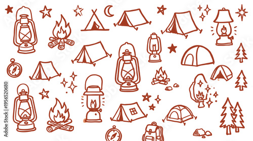 Hand drawn camping icons and symbols for outdoor adventure and travel design elements