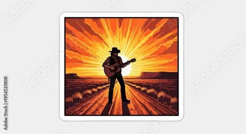 Cowboy playing guitar in desert at sunset