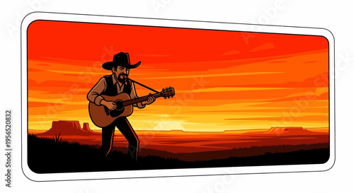 Cowboy playing guitar during a vibrant desert sunset.