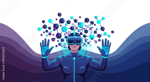Virtual reality molecular research scientist explores the intricacies of structures and compounds