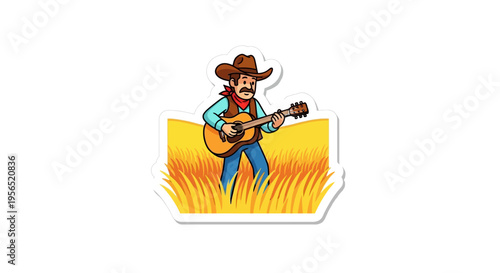 Cheerful cowboy playing acoustic guitar in a field of tall grass.