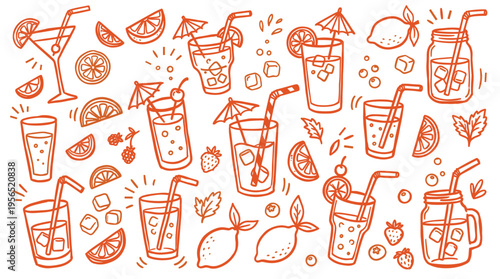 Refreshing Summer Drinks Collection Hand Drawn Sketch Style Featuring Citrus Fruits Ice Cubes and Garnishes Perfect for Refreshment and Celebration Themes