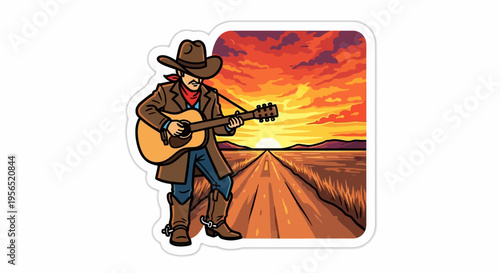 Country musician playing guitar on a lonesome road at sunset.