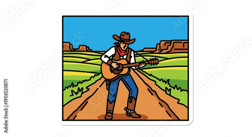 A cowboy plays guitar on a desert road under a blue sky.