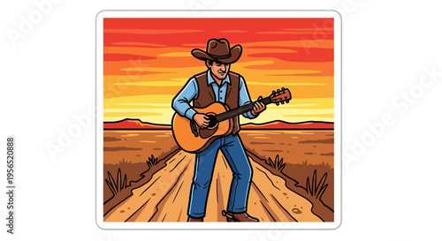 Cartoon cowboy playing acoustic guitar on a desert road at sunset.