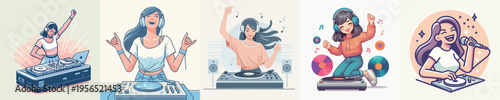 vector of woman playing disc jockey