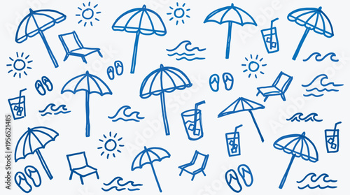 Summer beach vacation pattern with umbrellas chairs drinks sun and waves hand drawn doodle style blue on white background