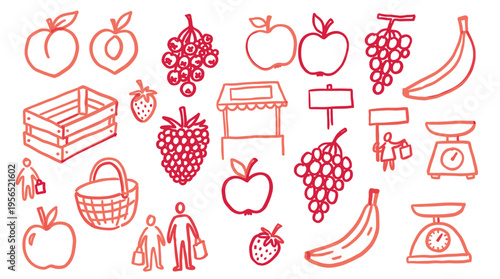 Hand drawn sketch of fresh fruits vegetables and market stall with people and baskets representing healthy organic food shopping and local produce