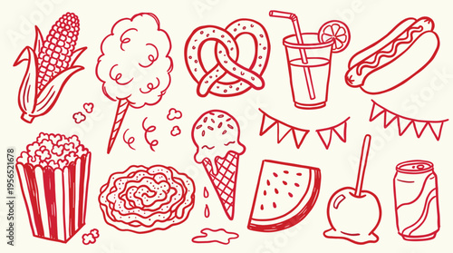 Collection of carnival food and treats hand drawn illustration in red ink on a cream background