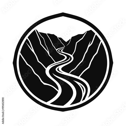 winding river flowing through mountain valley silhouette in circular frame minimalist nature landscape design