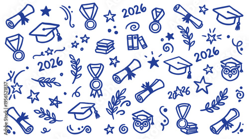 Blue doodle elements celebrating graduation and academic achievement including diplomas caps owls books medals and the year 2026 on a white background
