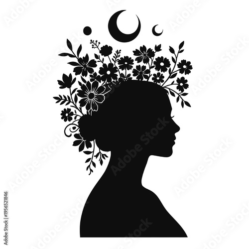 woman silhouette profile with floral hair arrangement and crescent moon creating a boho botanical nature inspired design