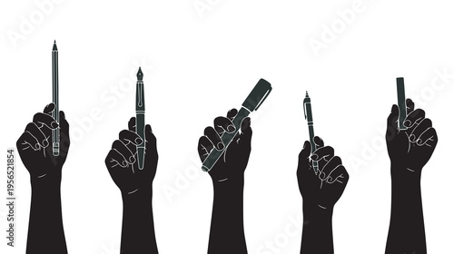 Set of five hands holding different writing and drawing tools, including a pencil, fountain pen, marker, and stylus, on a white background.