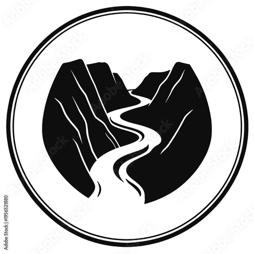 mountain landscape silhouette with winding river inside double circle frame representing nature travel adventure and outdoor exploration