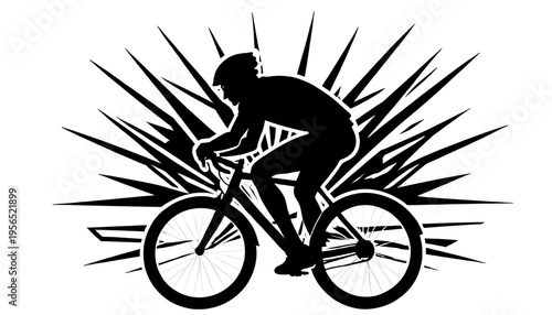 cyclist silhouette riding bicycle with dynamic burst background representing speed motion energy and outdoor sport activity