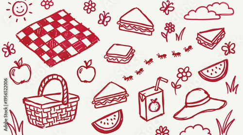 Charming doodle illustration of a delightful picnic scene with sandwiches, fruits, a basket, and ants marching across a checkered blanket under a sunny sky