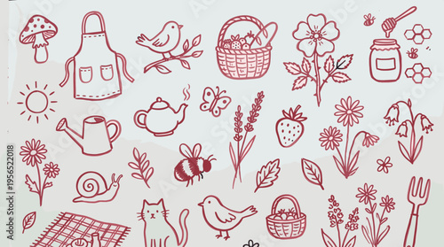 Charming Hand Drawn Doodle Collection of Garden and Nature Elements Featuring Birds Butterflies Flowers and Cute Animals for Whimsical Designs