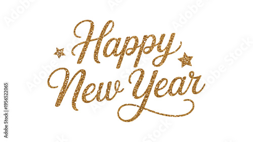 Golden glitter text reading happy new year with star accents