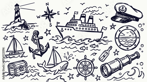 Nautical doodle collection with ship, lighthouse, anchor, compass, spyglass, and sailing boat on waves, hand drawn sketch style