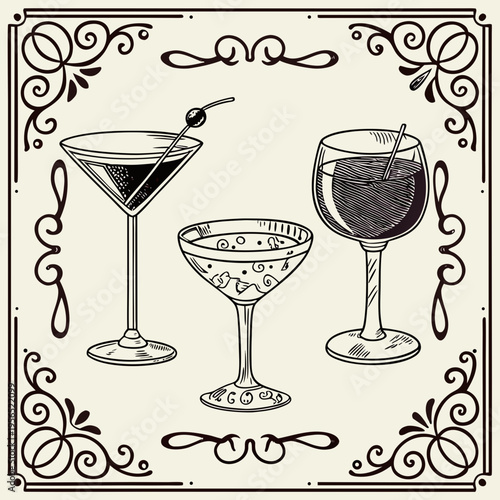 Cocktails alcoholic daiquiri, old fashioned, manhattan, martini, sidecar glass hand drawn engraving vector illustration vintage style