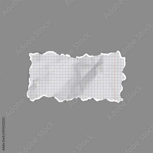 Crumpled torn checkered paper piece, vector realistic school page scrap, white torn notebook fragment creased texture