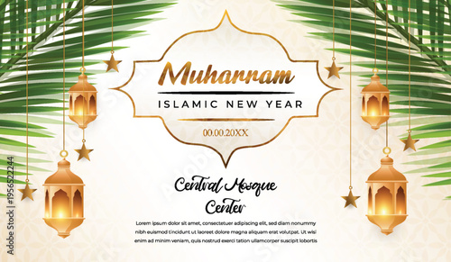 Muharram islamic new year decorative banner, with golden crescent, Moon lanterns, and palm leaves, Elegant Islamic religion festival design template