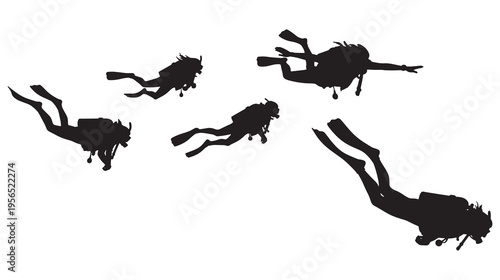 Silhouettes of multiple scuba divers swimming underwater, showcasing an adventurous and active lifestyle.
