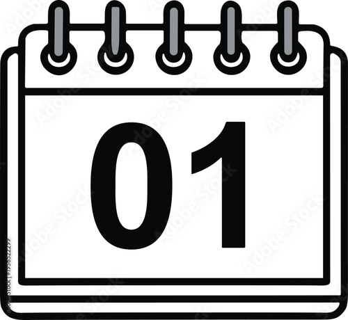 Calendar icon with spiral binding and “01” date for scheduling, planning, monthly start, and event reminder design themes