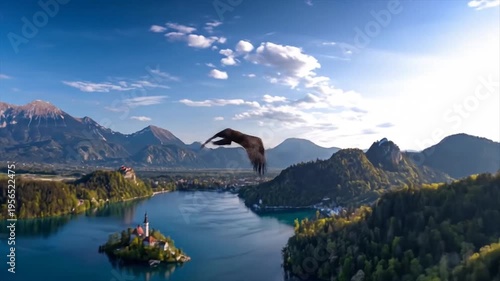 Scenic view of a lake island with church mountains and lush green forest