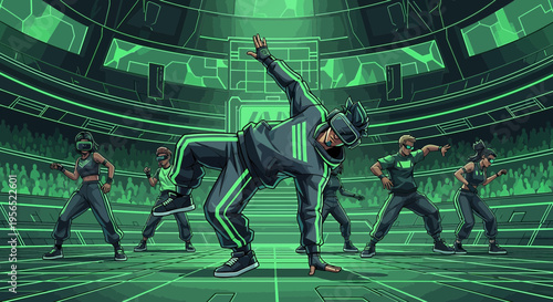 Virtual reality dance crew performing in neon arena with futuristic aesthetics and energetic