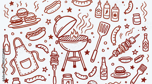 Hand drawn illustration of a summer barbecue party with grilled food, burgers, hot dogs, drinks, and grilling tools on a white background
