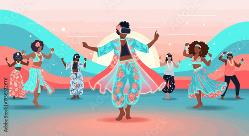 Virtual reality dance party with diverse group of people in colorful costumes on the metaverse
