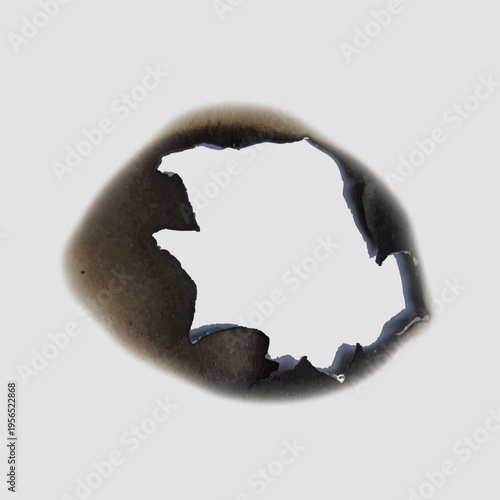 Paper burnt hole frame, vector burned paper round stain with fire scorched edge, ash, charred overlay effect on gray