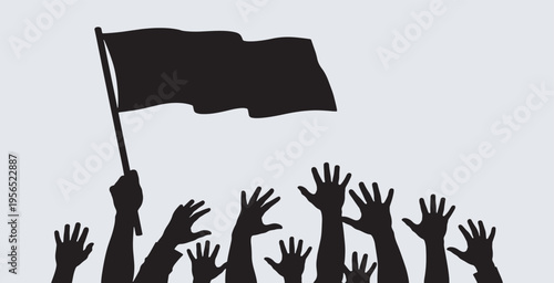 Silhouettes of raised hands and a flag, symbolizing protest, revolution, and freedom.