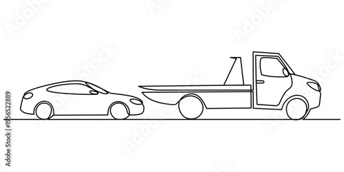 A single continuous line drawing of a flatbed tow truck transporting a small sedan on the road