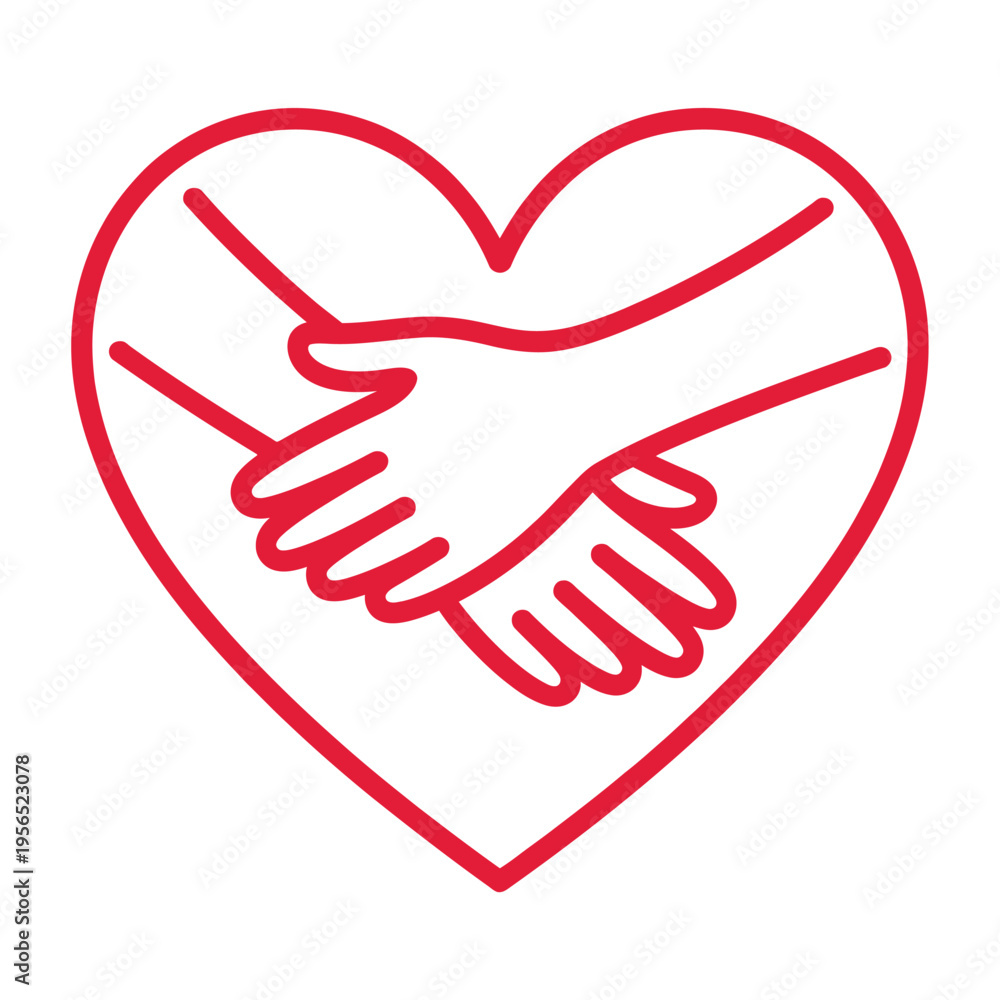 Fototapeta premium A red heart outline containing two hands shaking in agreement
