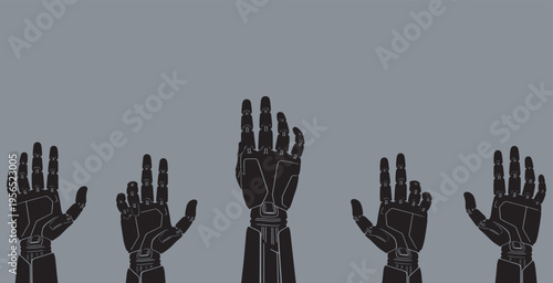 Illustration of five robotic hands, with one hand raised, symbolizing artificial intelligence and technology.