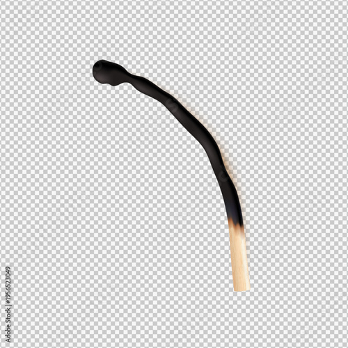 Burnt match, vector 3D realistic charred curve wooden stick, burned bent matchstick with scorched edge and black ash