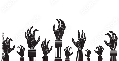 A collection of robotic hands reaching upwards, symbolizing artificial intelligence and technology.