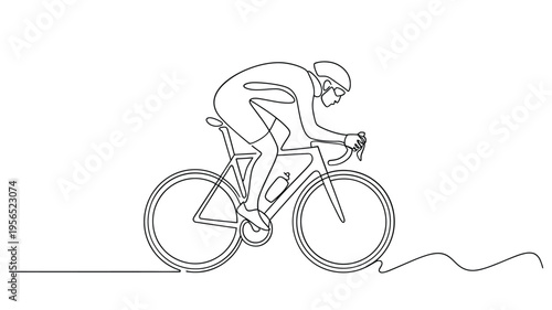 Continuous line drawing of a cyclist in motion on a road