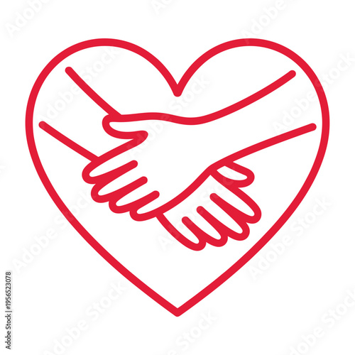 A red heart outline containing two hands shaking in agreement