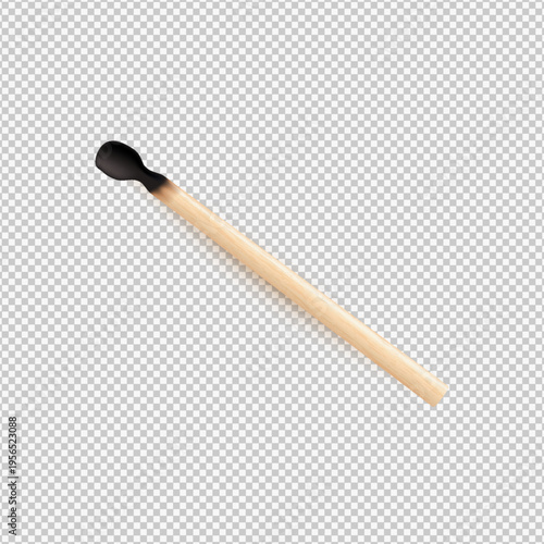A burnt match with a dark charred head, isolated on a transparent background.