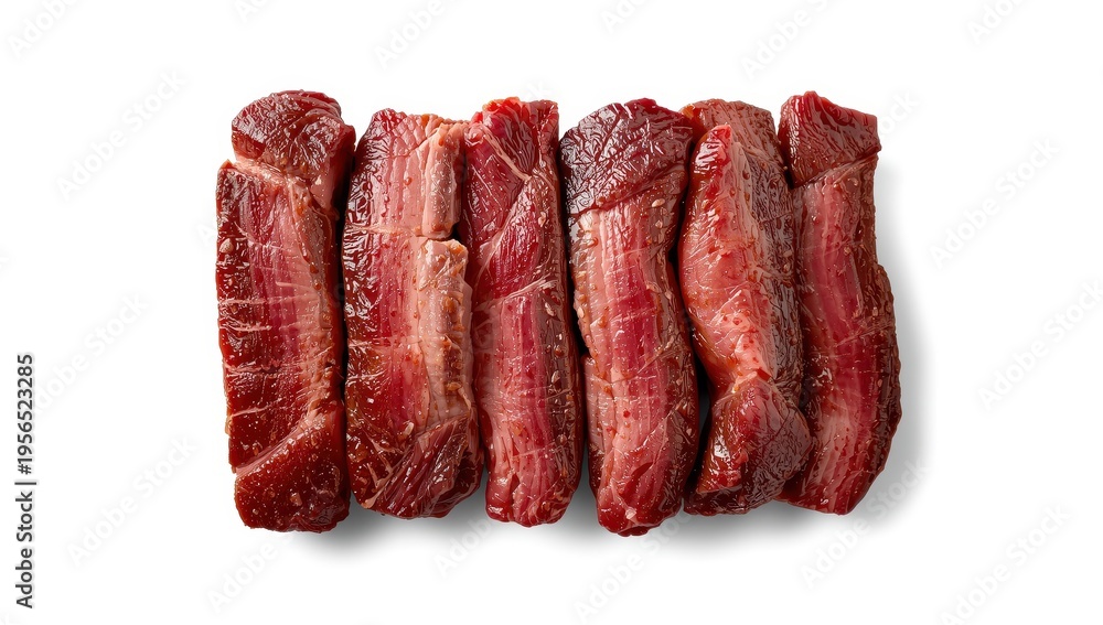 Fototapeta premium Isolated beef strips on white background.