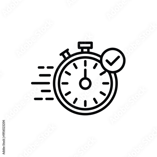 Simple black and white outline of a stopwatch with speed lines